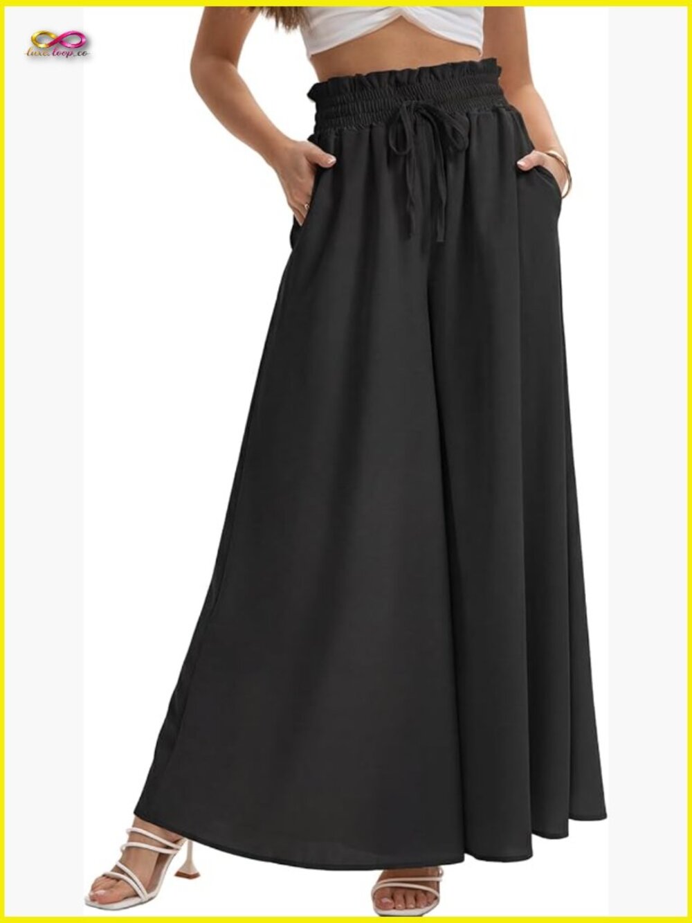 Flowy Wide Leg Palazzo Pants Elastic High Waist Summer Beach Pants with Pockets